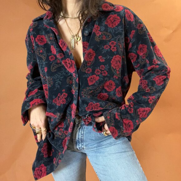Vintage Floral and Paisley Print Velour 90s Grunge Western Button Down - Picture 1 of 7